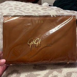 Gigi New York Cognac bottom handle clutch- embossed